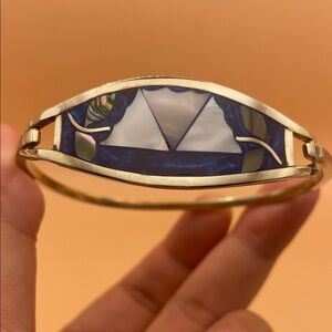 Silver and Blue Abalone and Mother of Pearl Inlay Alpaca Mexico Bracelet M37